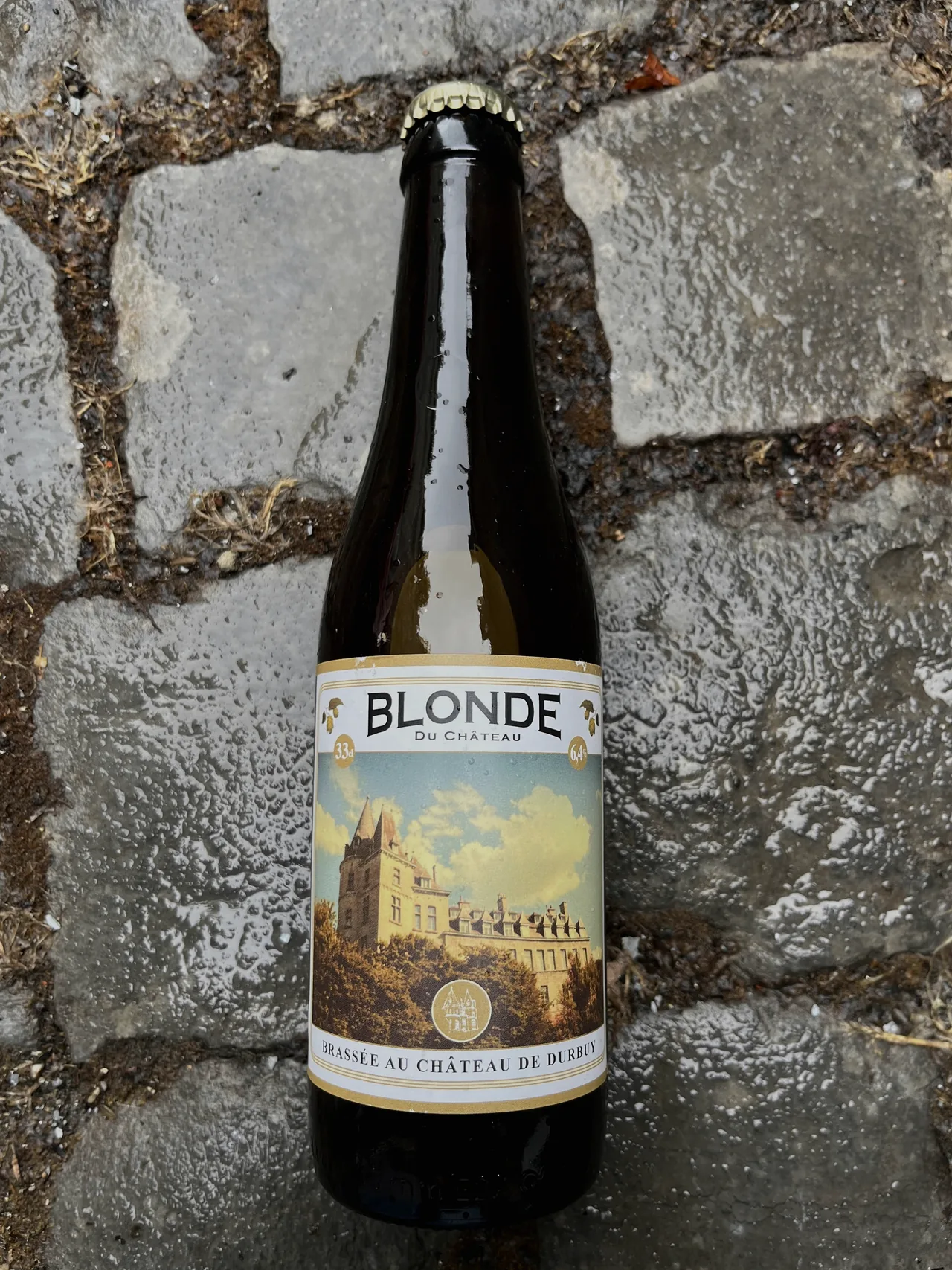 Une bouteille de Blonde du Château sur des pierres assombries par la pluie.