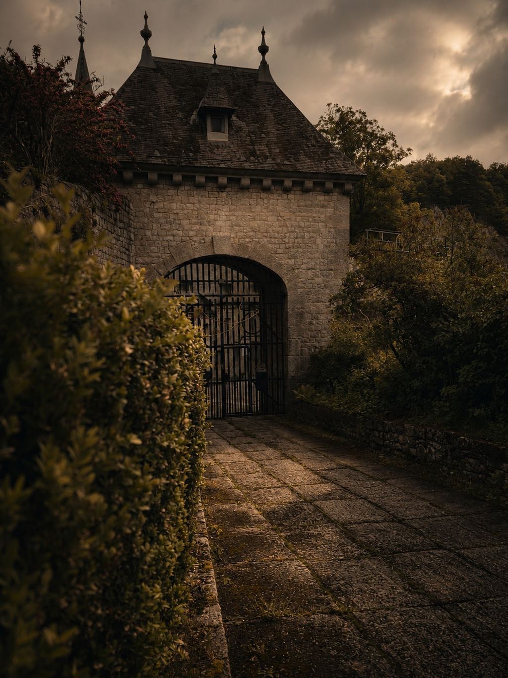 Portail du domaine du Château de Durbuy au crépuscule
